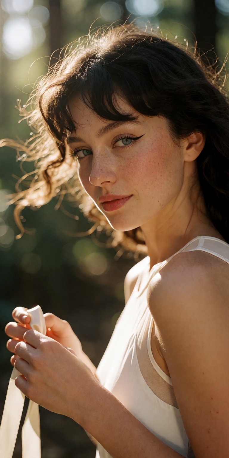 A young woman in a medium close-up portrait,  turned at a dynamic three-quarter angle to the left,  looking back intently...