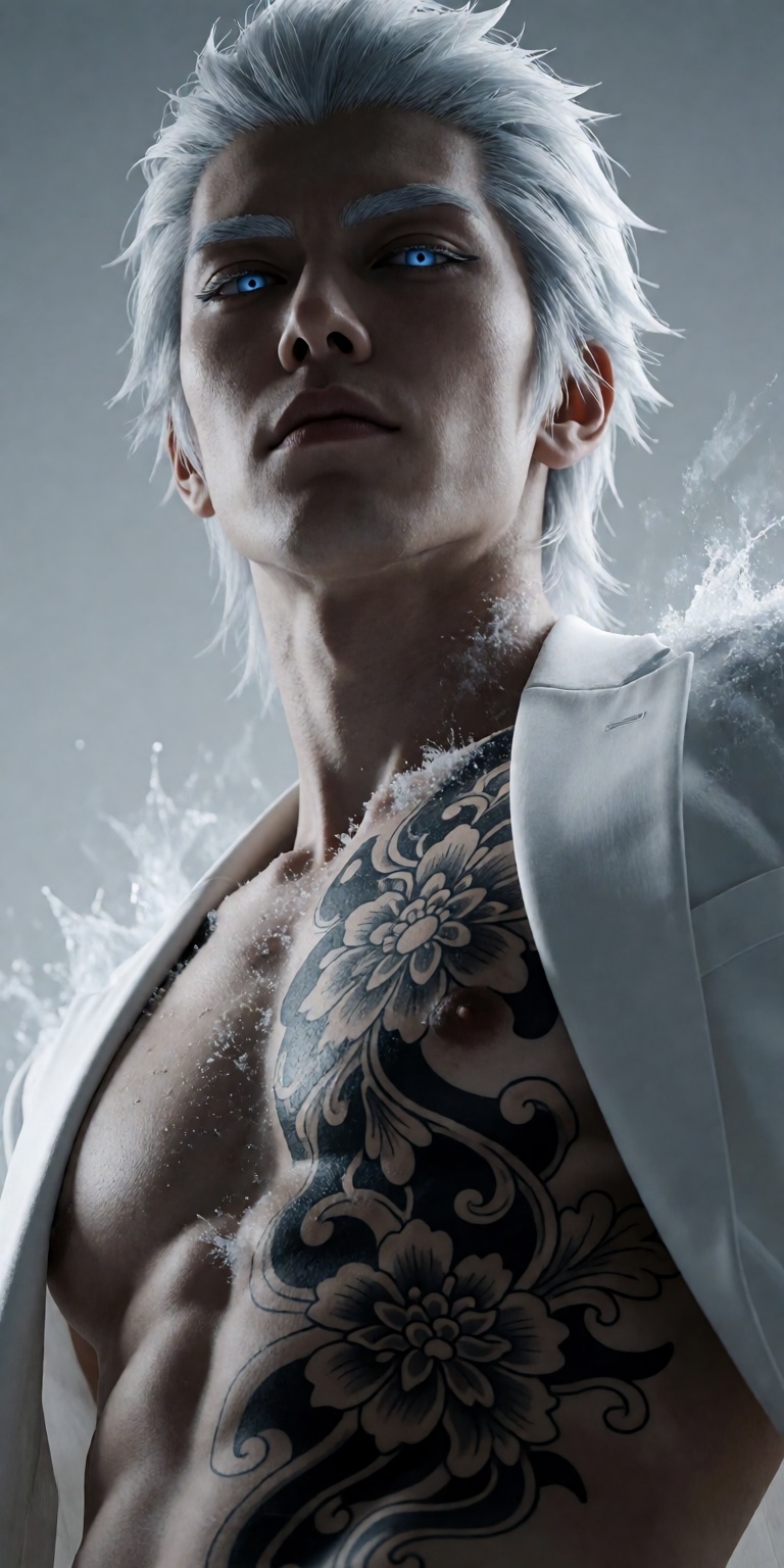 A dramatic close-up portrait of an ***** male Hitsugaya Toshiro in a mature form,  head slightly tilted upwards,  captured...