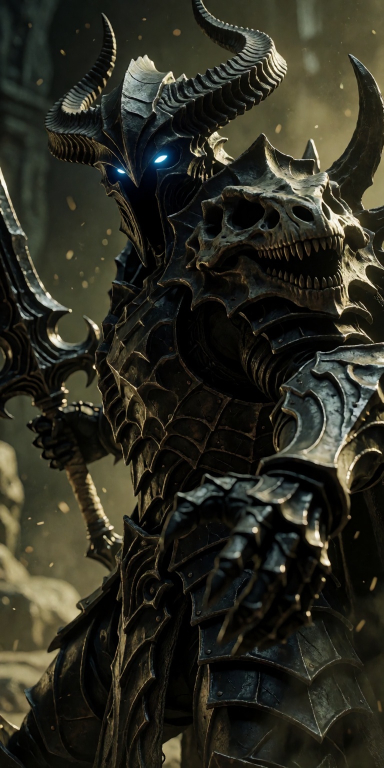 A powerful,  imposing warrior transformed into a terrifying emblem of eldritch horror and dark majesty,  depicted in a str...