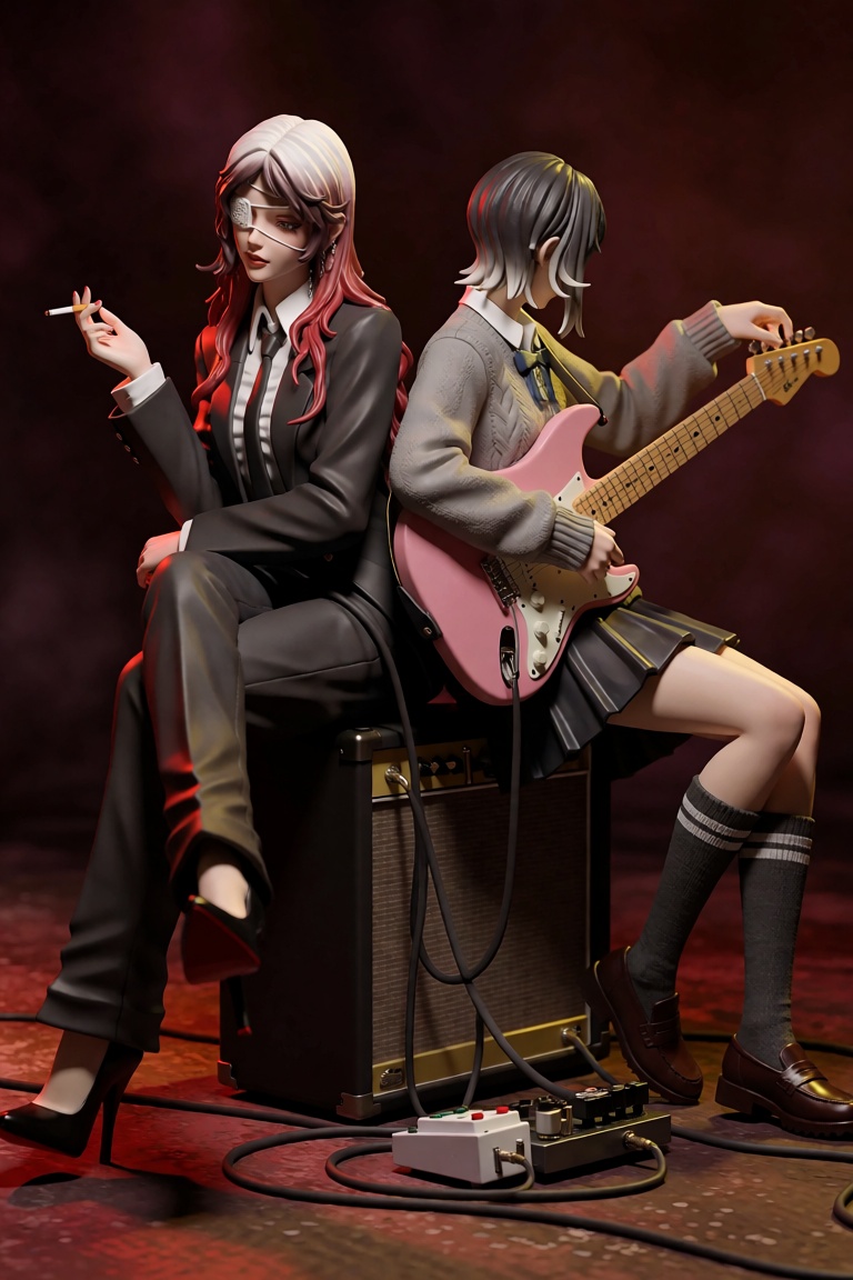 This image portrays two individuals sitting back-to-back in what appears to be a studio setting against a dark gray backgr...