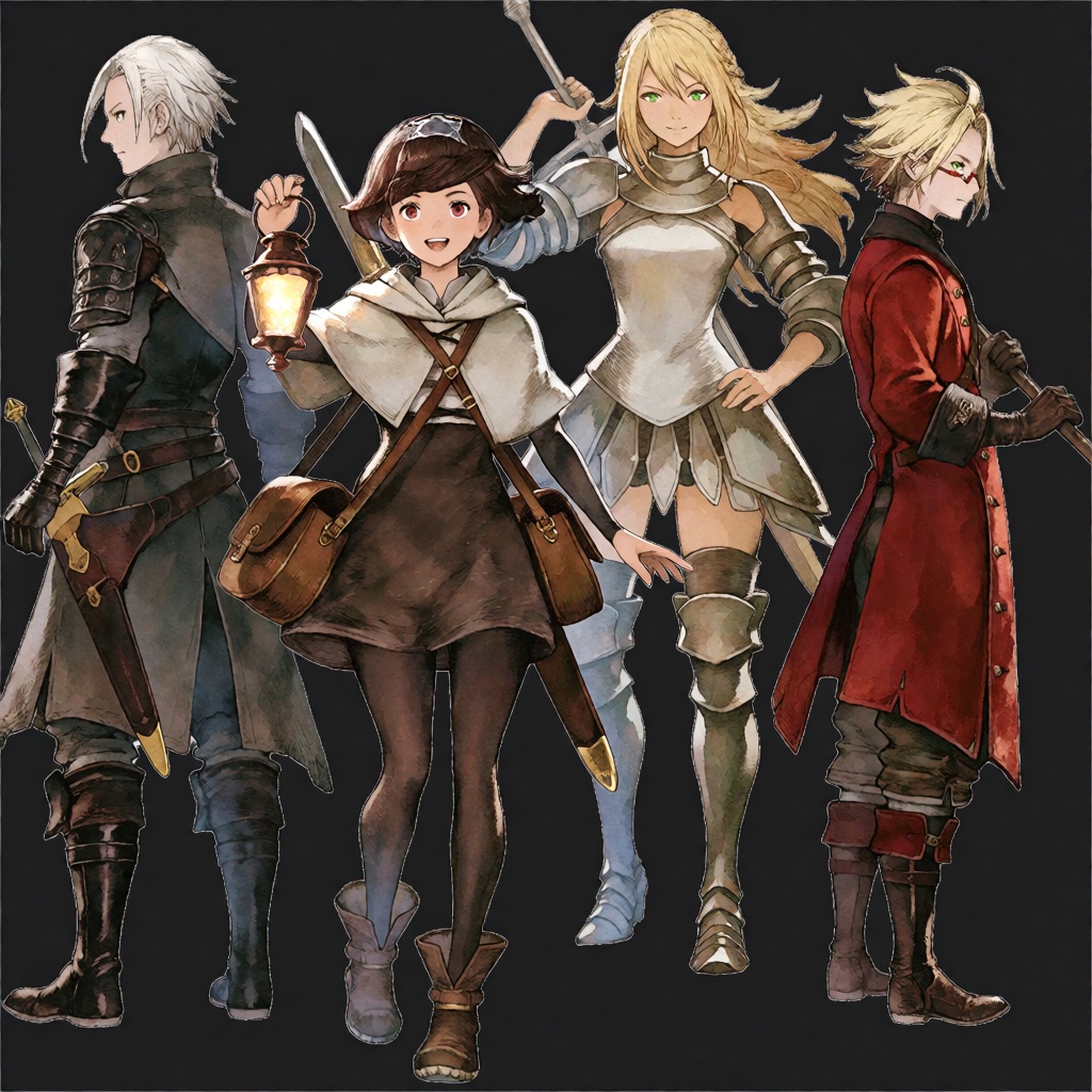 The provided image features a group of four characters depicted in a distinct painterly,  sketch-like art style characteri...