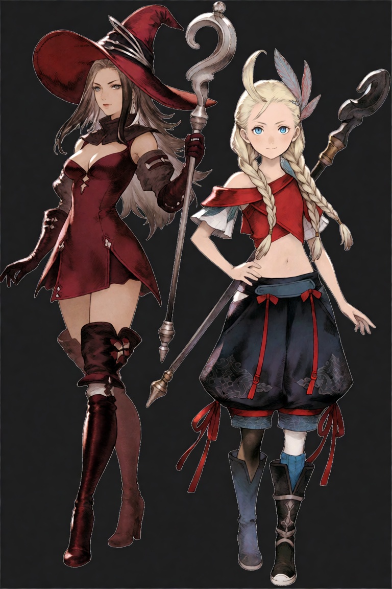 The provided image depicts 2girls standing side by side against a simple background of dark gray. The character on the lef...