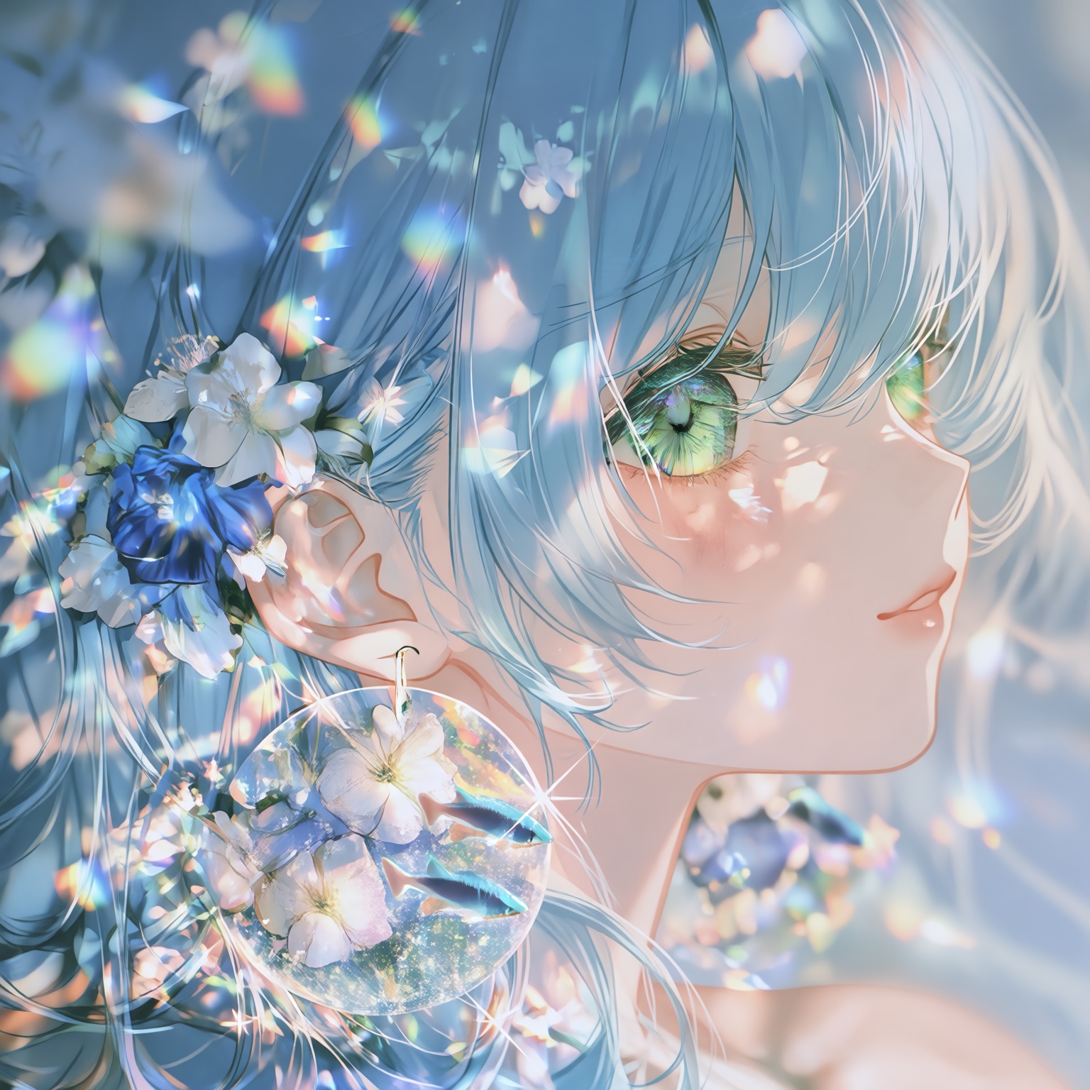 a close-up profile view of a young woman with delicate features and an ethereal presence,  her head slightly tilted upward...