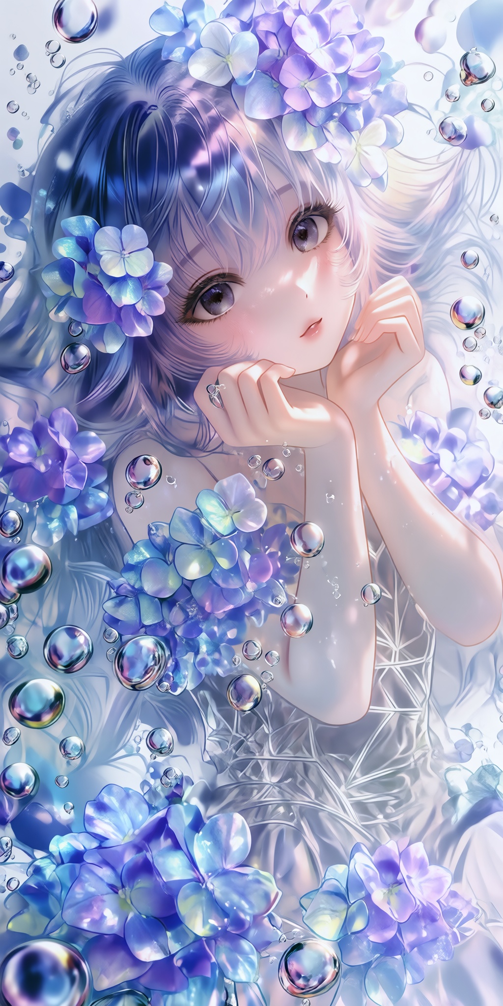 a young woman with a delicate and slender figure lies gracefully,  her body partially submerged in a dreamlike aquatic env...