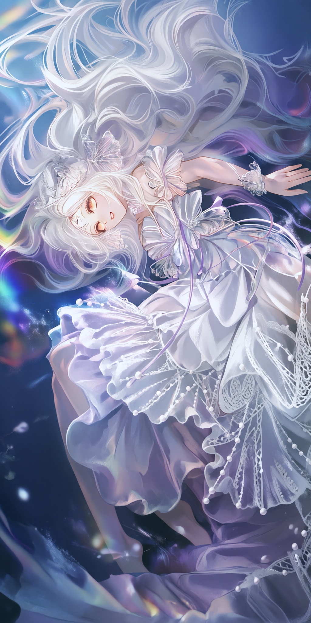 a delicate,  ethereal female figure with an elongated,  slender silhouette lies gracefully in a floating on Tensor.Art