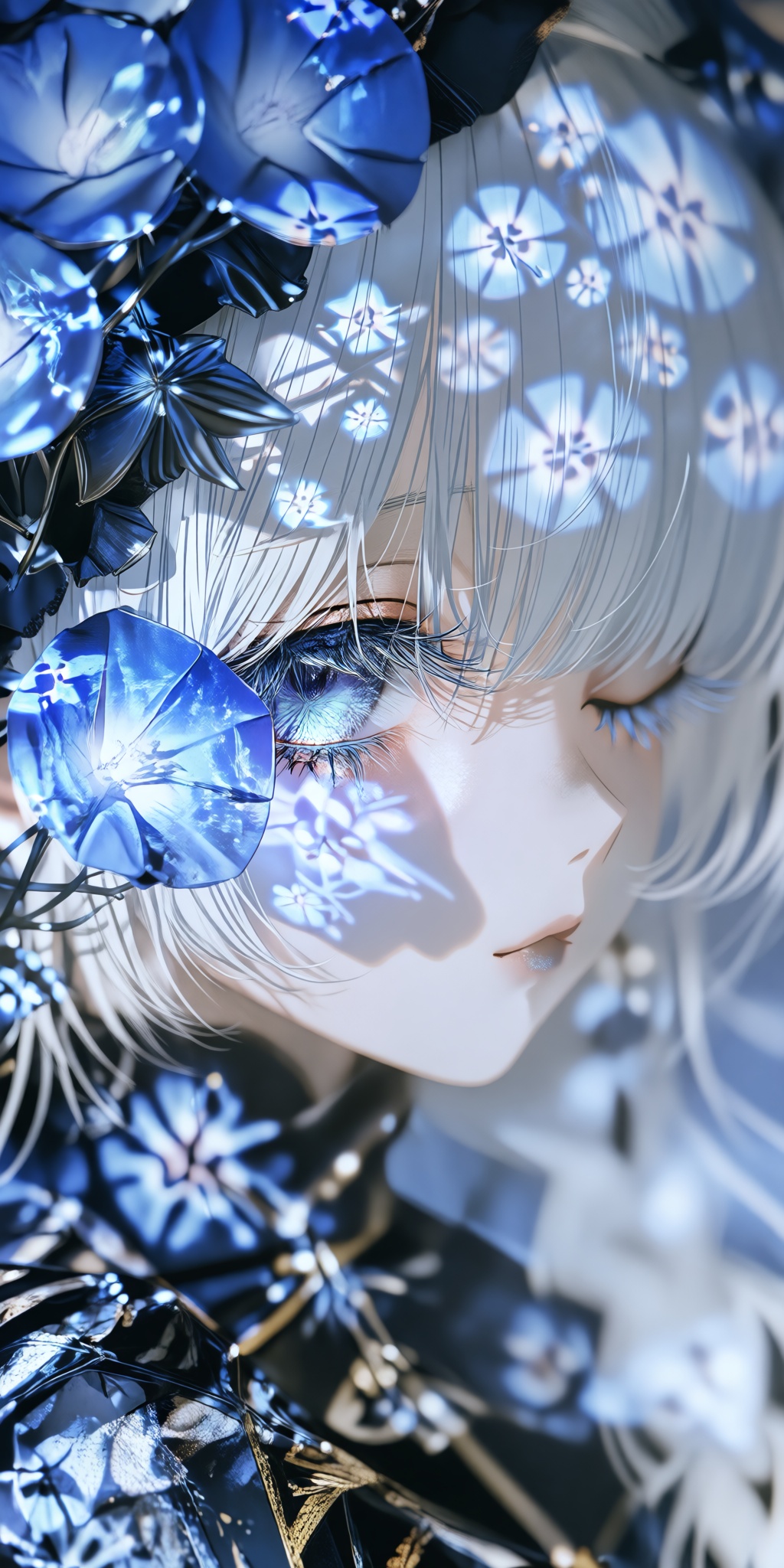 a close-up view captures a figure with pale,  smooth skin and long,  flowing silver-white hair that cascades gently around...