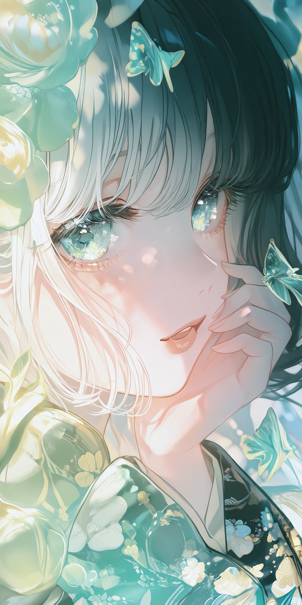 a close-up portrait captures a young woman with an ethereal and delicate appearance,  her face framed by soft,  layered st...