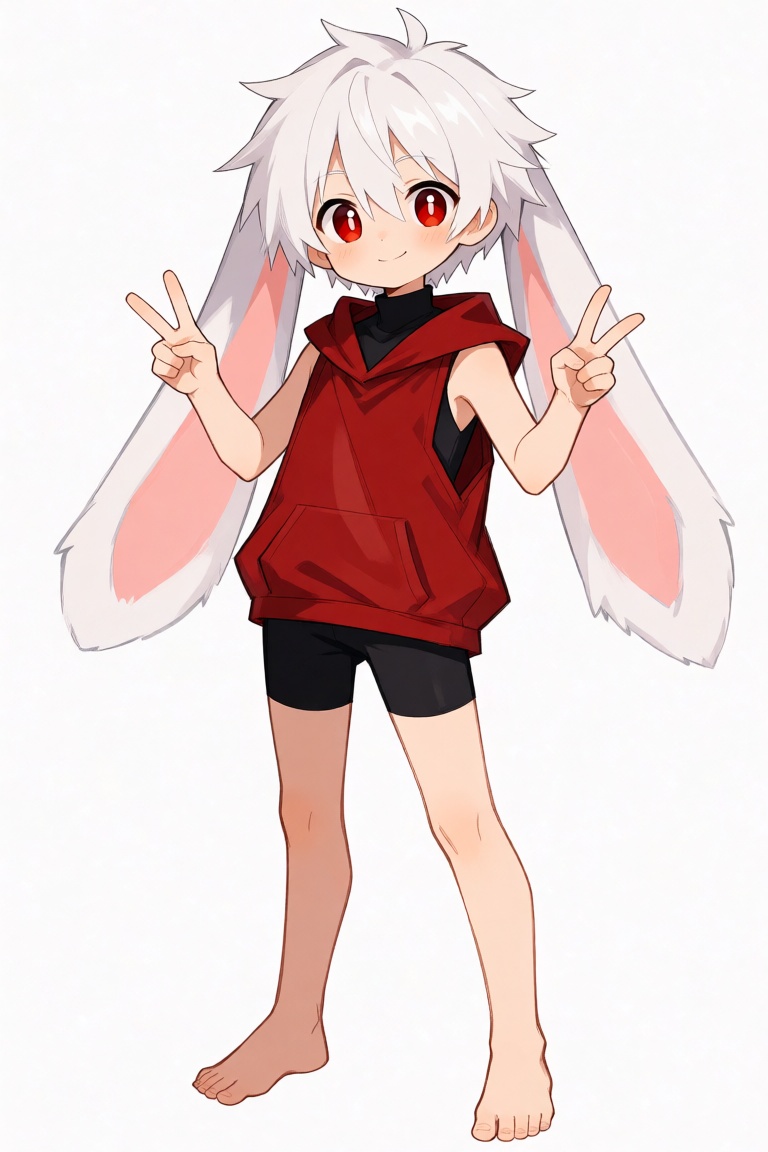 anime style. the image features a lop-rabbit eared human boy,  his name is **xiaobai**. he has white short-hair(asymmetric...