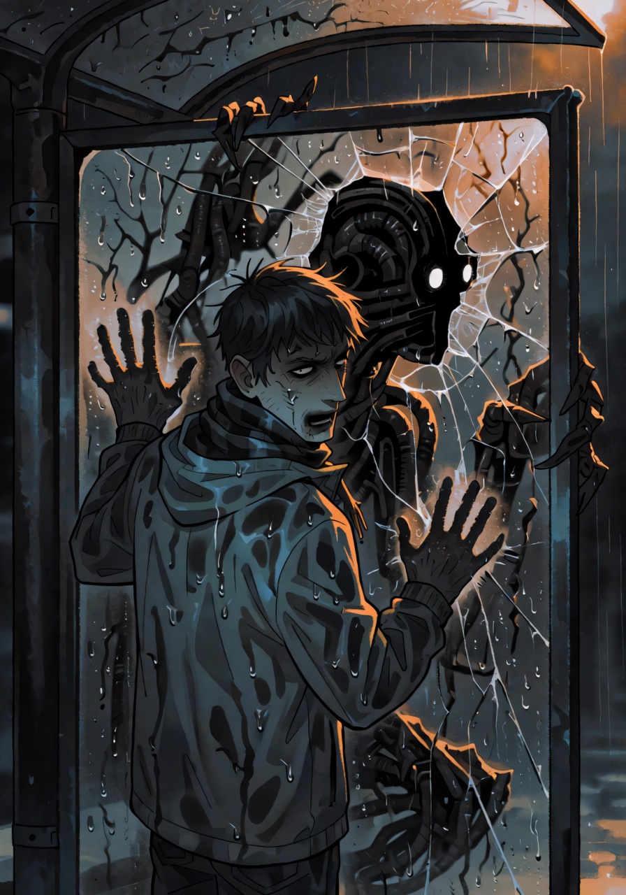 A gothic illustration of a young man in a soaked windbreaker frozen against a rain-streaked bus shelter glass at night,  t...