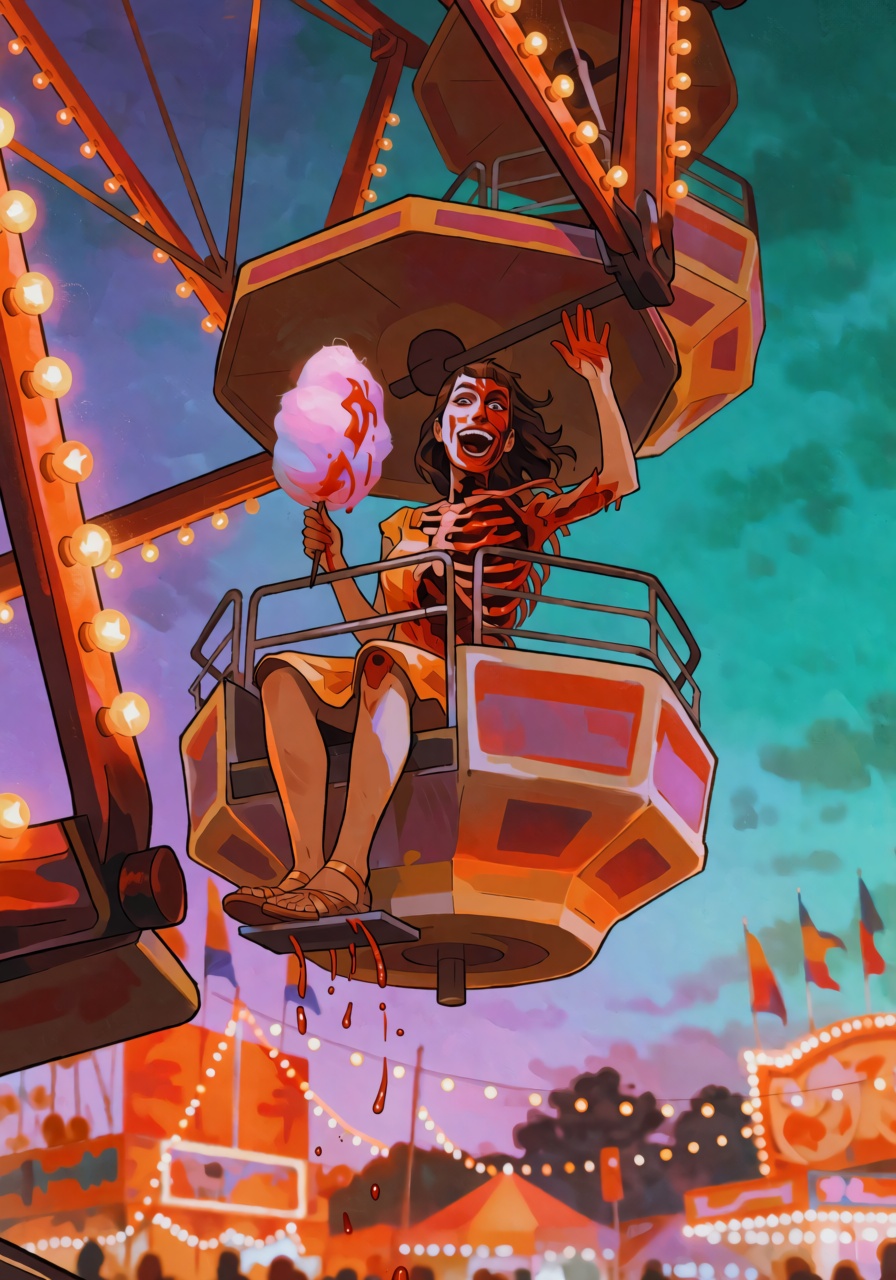A high-detail gore horror portrait of an ***** woman on a Ferris wheel at a county fair at dusk,  shot from the ground bel...