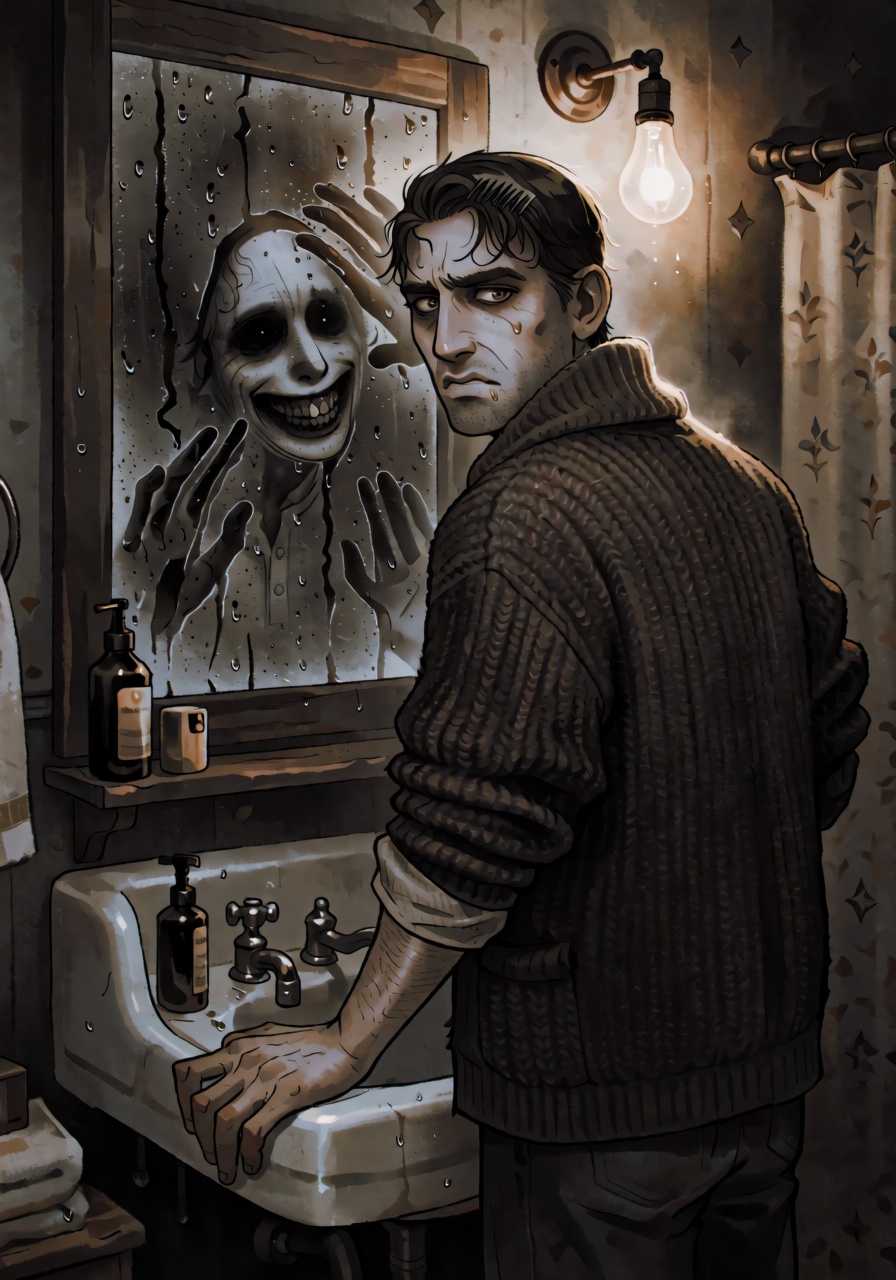 A gothic illustration of a man in a heavy wool cardigan frozen at a fogged bathroom mirror in a mid-century farmhouse,  tu...