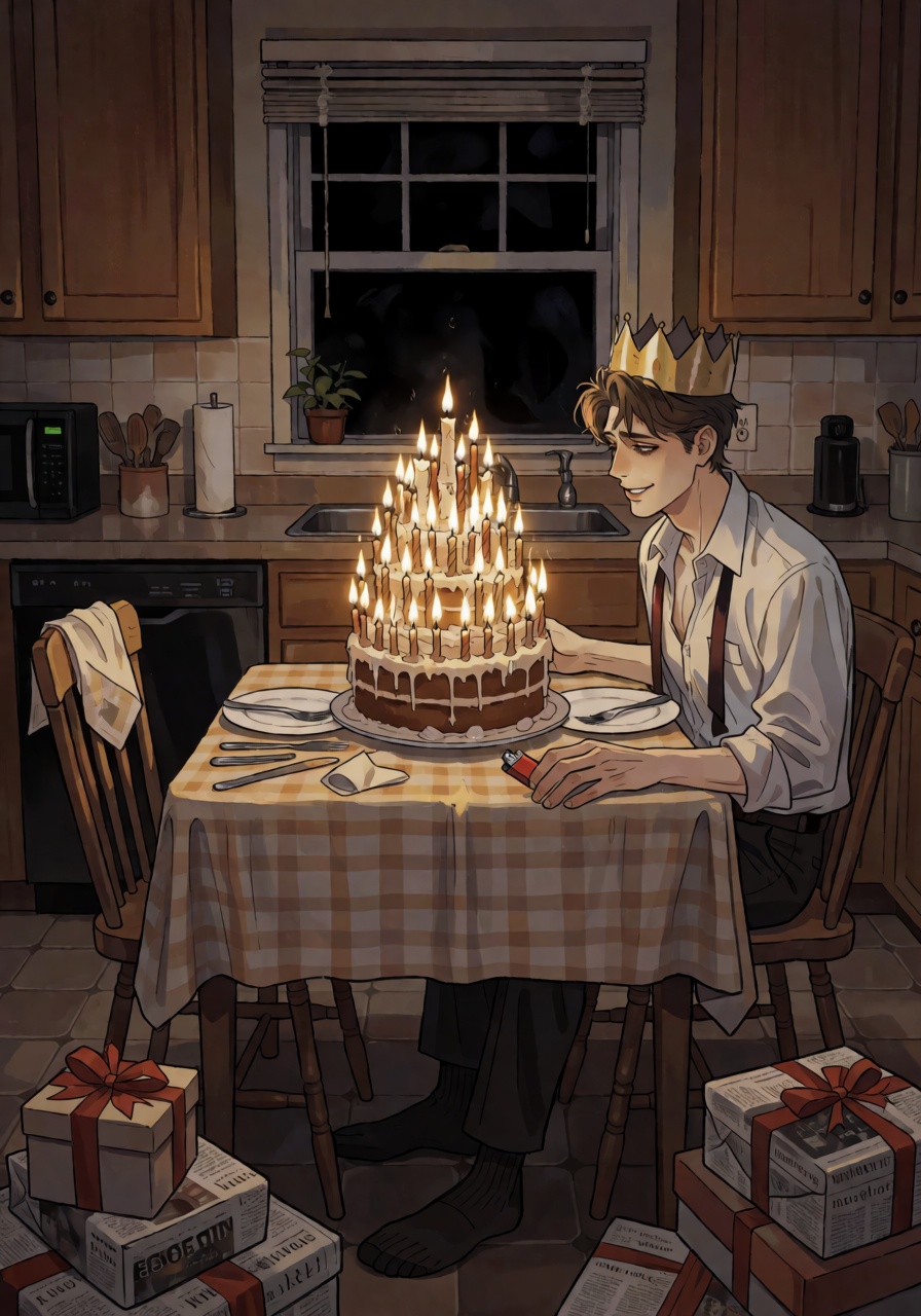 Full-body horror portrait of a handsome young man,  lean build,  fair skin made waxen by cake-light on Tensor.Art