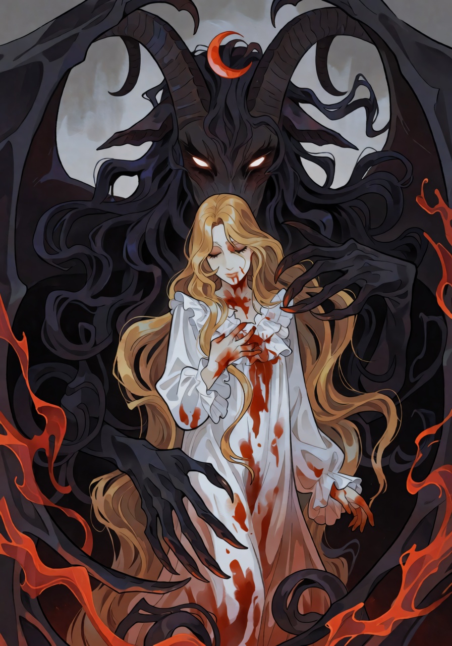 Ethereal gothic illustration of a young woman in a long,  blood-stained white nightgown,  eyes gently closed on Tensor.Art
