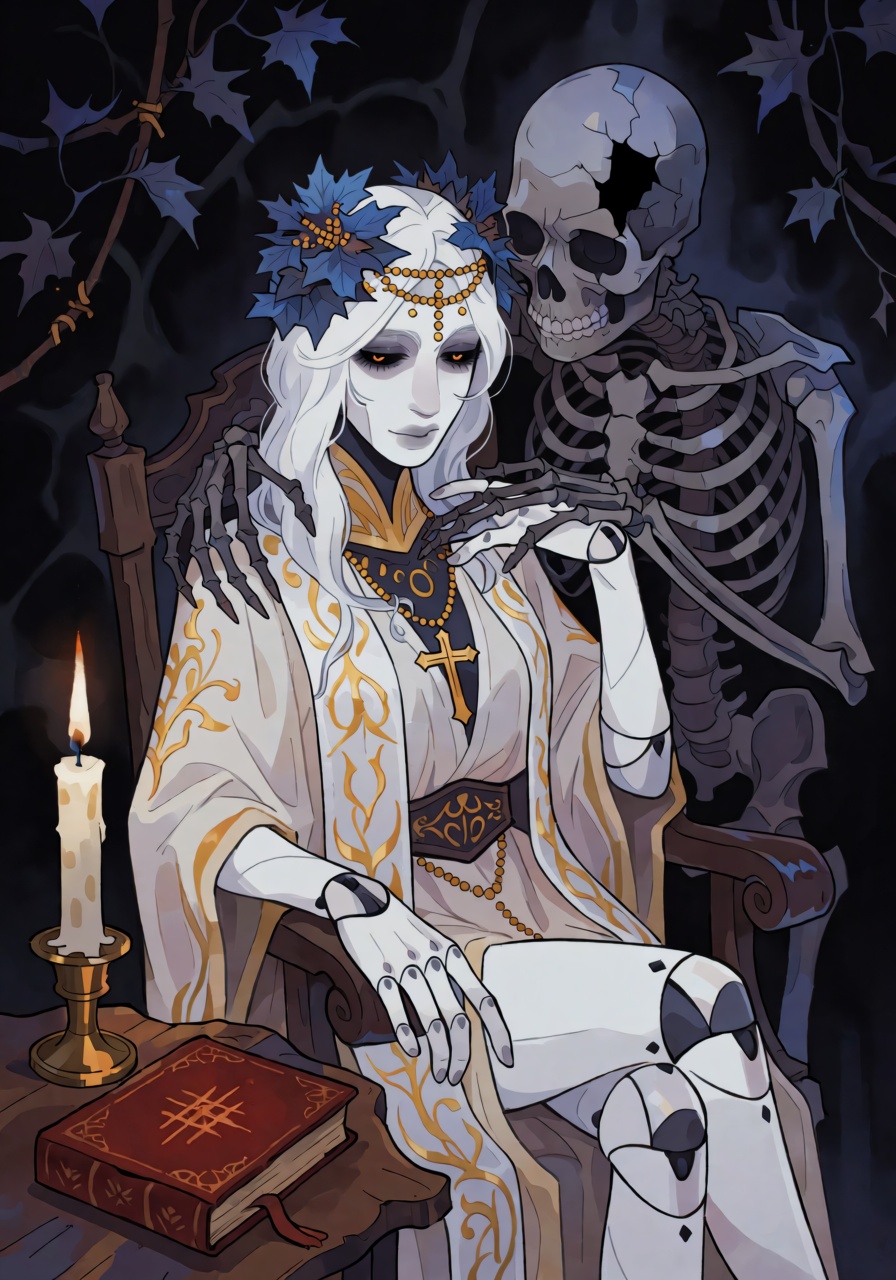Digital illustration of a of a haunting,  regal portrait of a pale white-haired priestess,  sultry ***** woman seated in s...