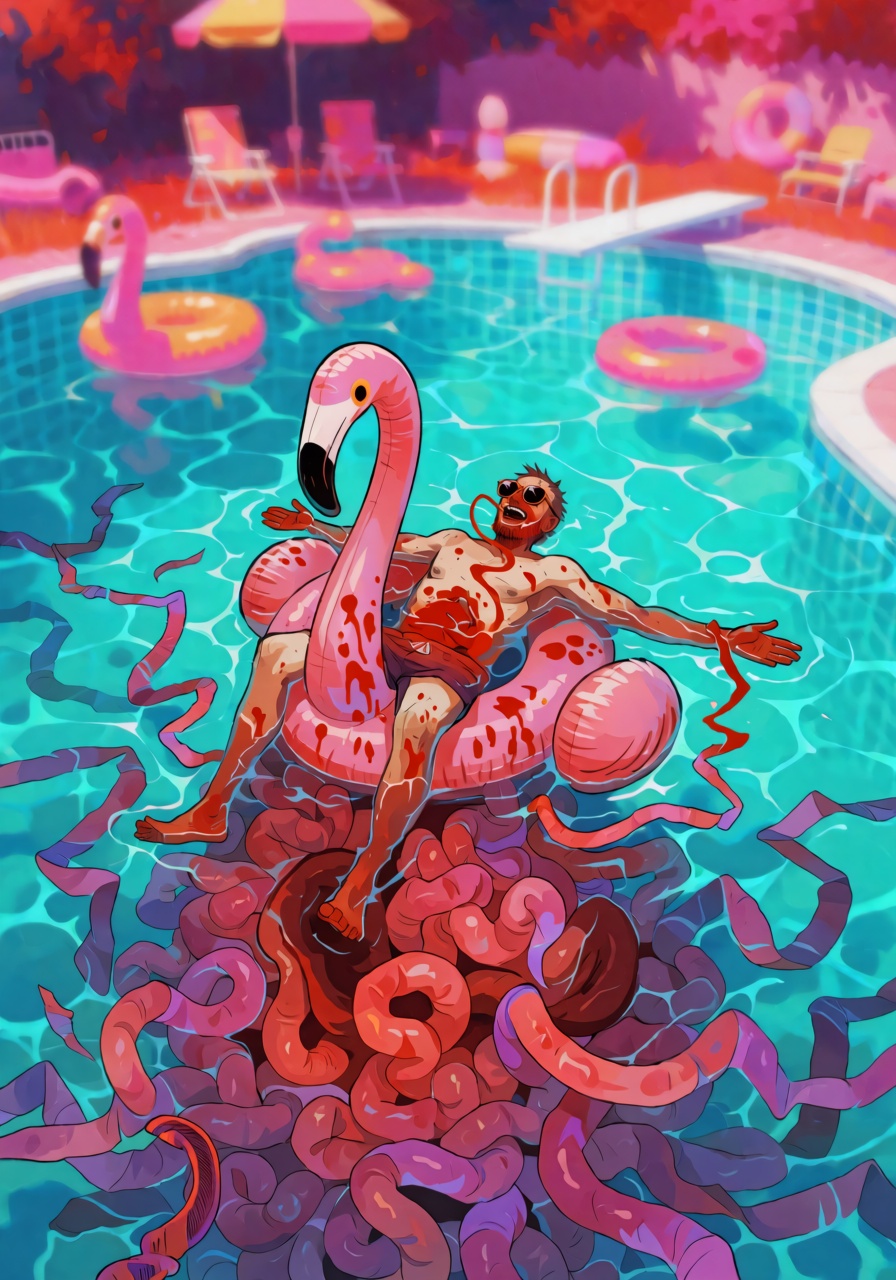 A high-detail gore horror portrait of an ***** man floating on his back in a backyard swimming pool at high noon,  shot fr...