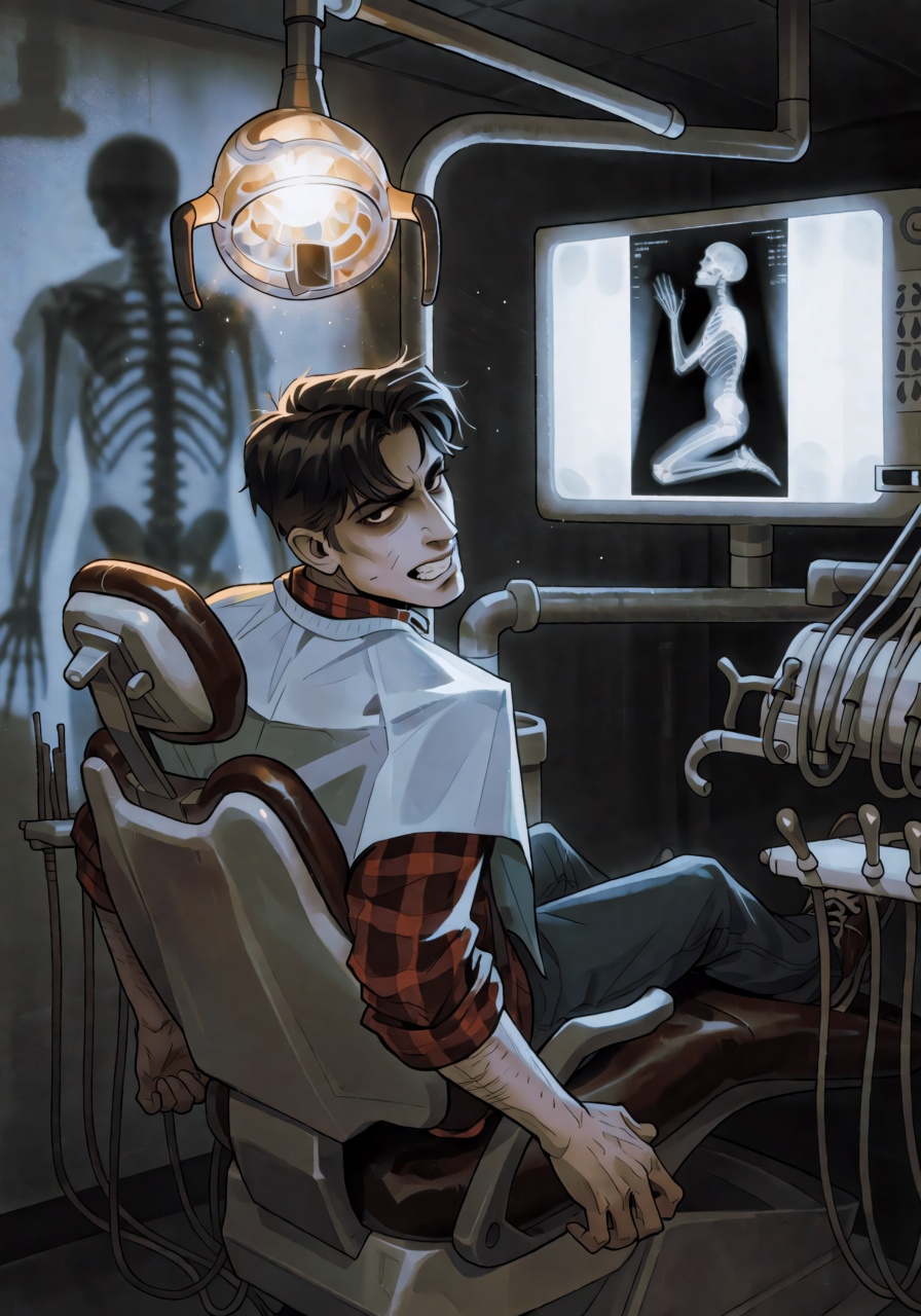 A gothic illustration of a young man in a paper patient bib frozen against the vinyl dental chair of a closed clinic,  tur...