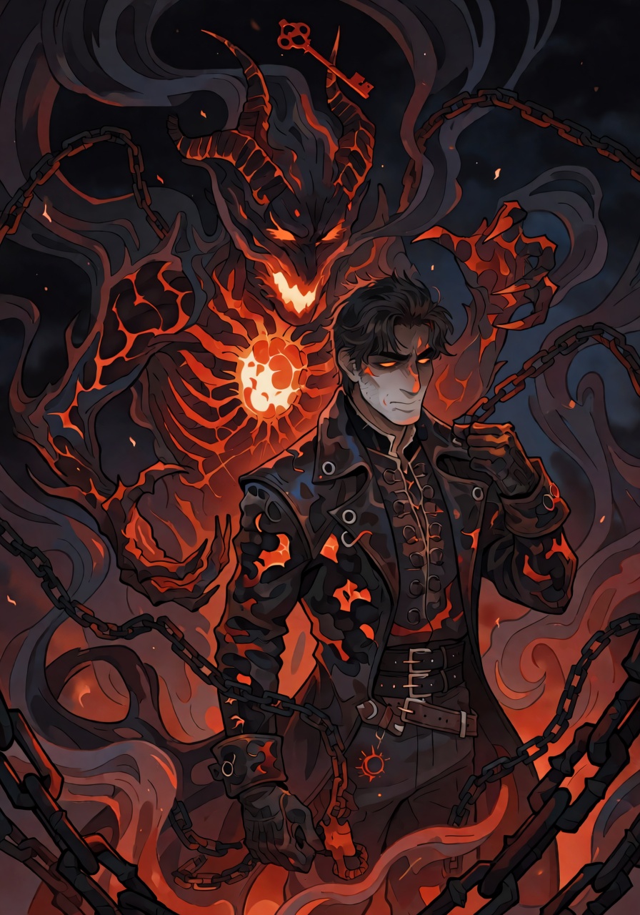 Ethereal gothic illustration of a broad-shouldered young man in a charred leather coat standing before a burning barn at m...