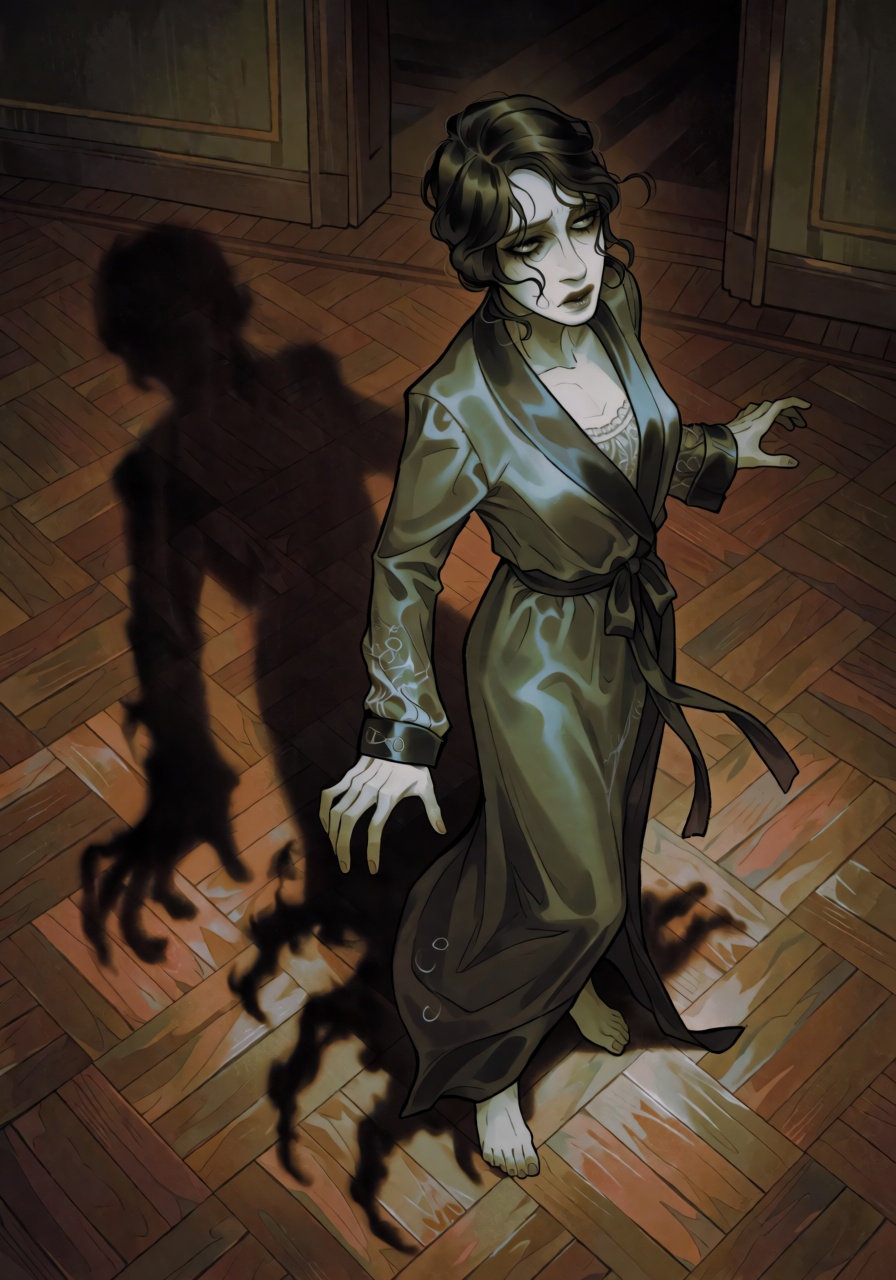A gothic illustration of a woman in a faded silk dressing gown frozen mid-step on a parquet floor in a 1920s apartment,  t...