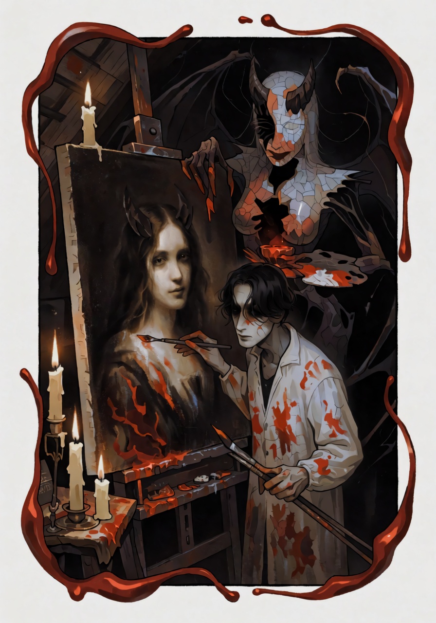 Ethereal gothic illustration of a gaunt young man in a paint-smeared smock standing before a massive canvas in a candlelit...