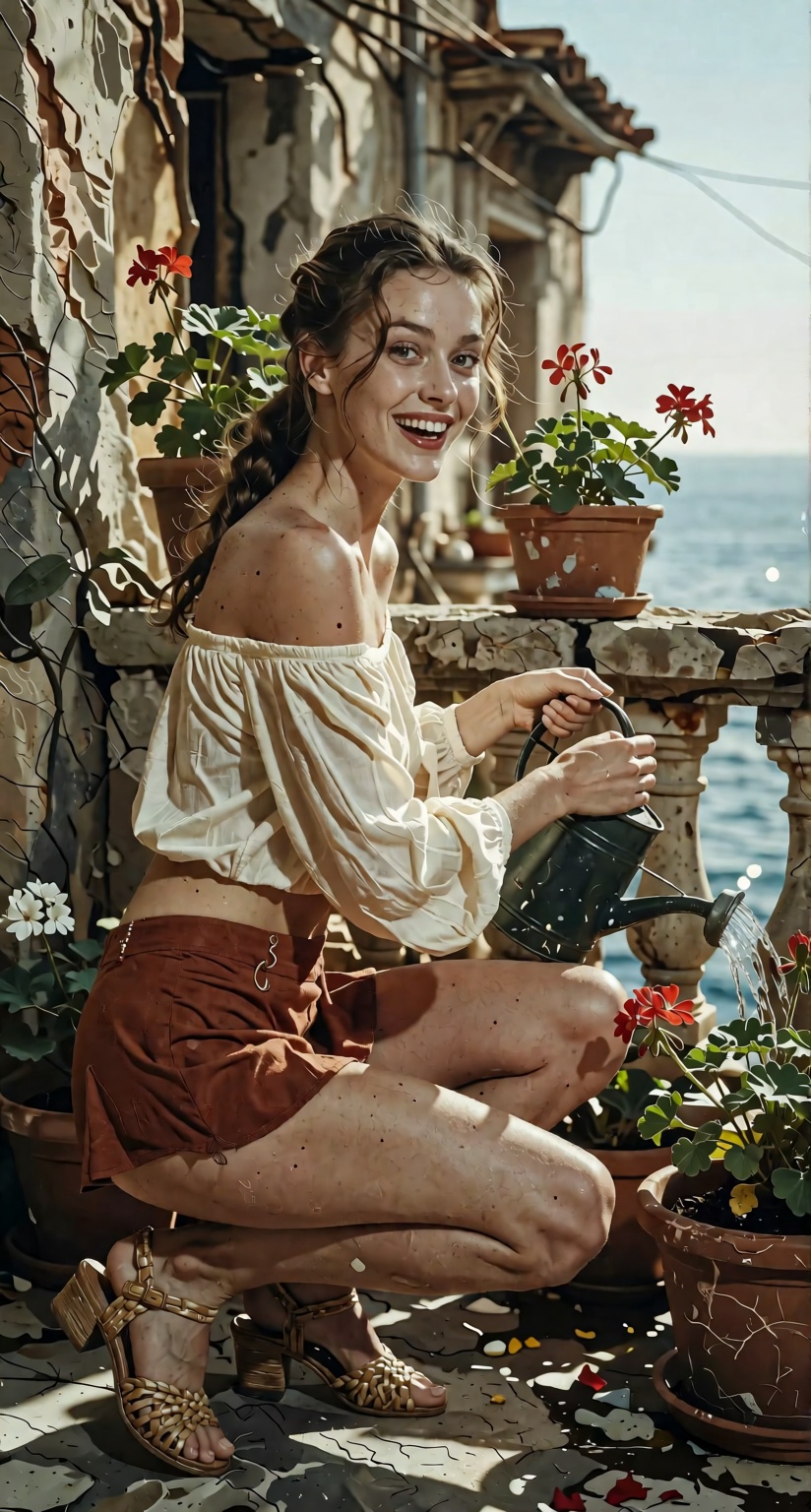 A beautiful female fashion model wearing a cream off-shoulder blouse,  an ultra-short terracotta mini skirt,  and woven sa...