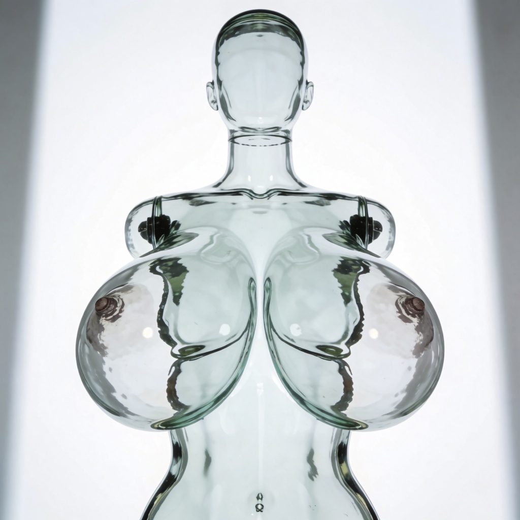 an armless glass mannequin with hyper busty huge bust. bright white background. on Tensor.Art