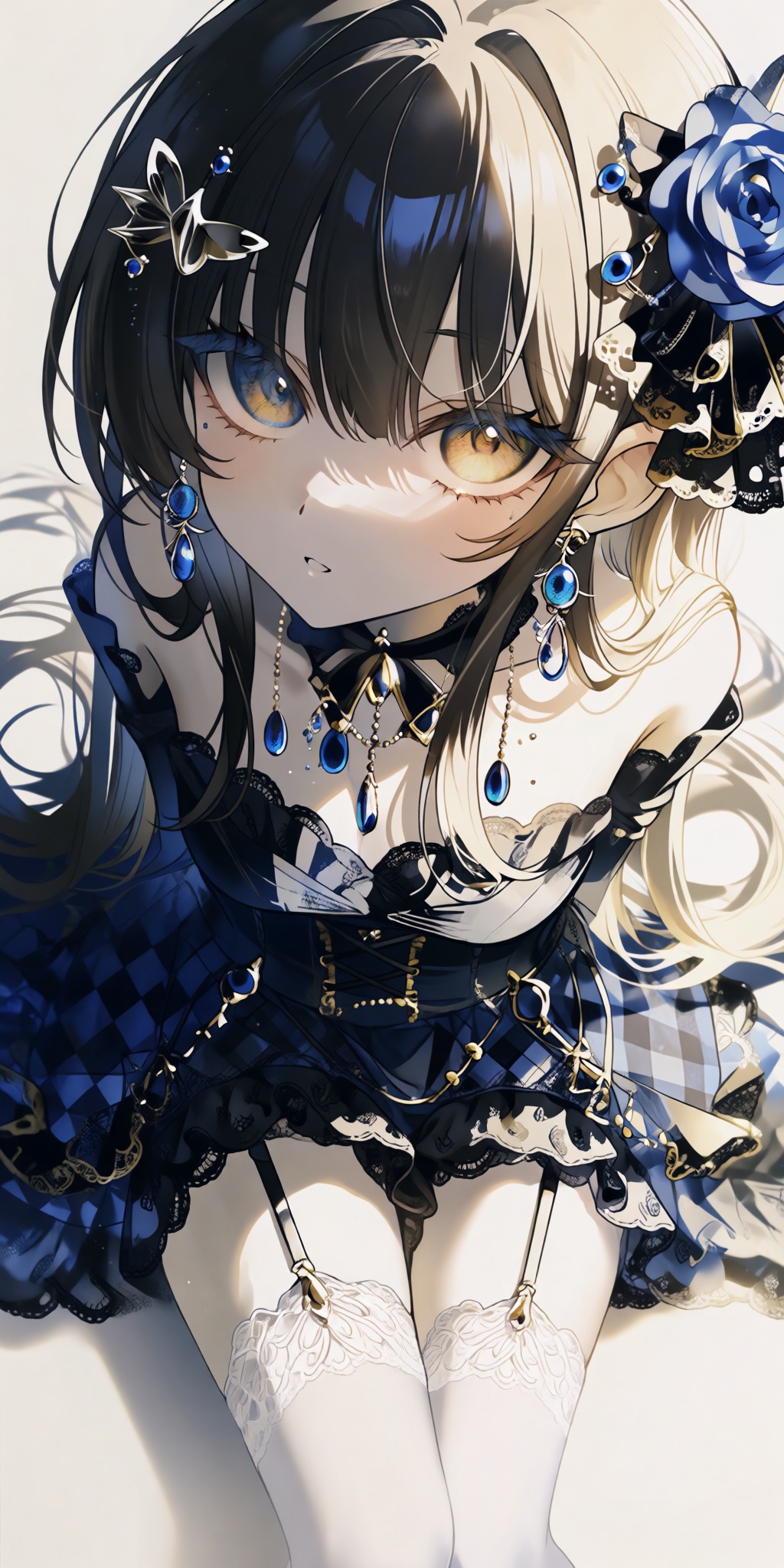 a close-up portrait captures a young woman with an elegant and intricate appearance,  her body angled slightly forward in...