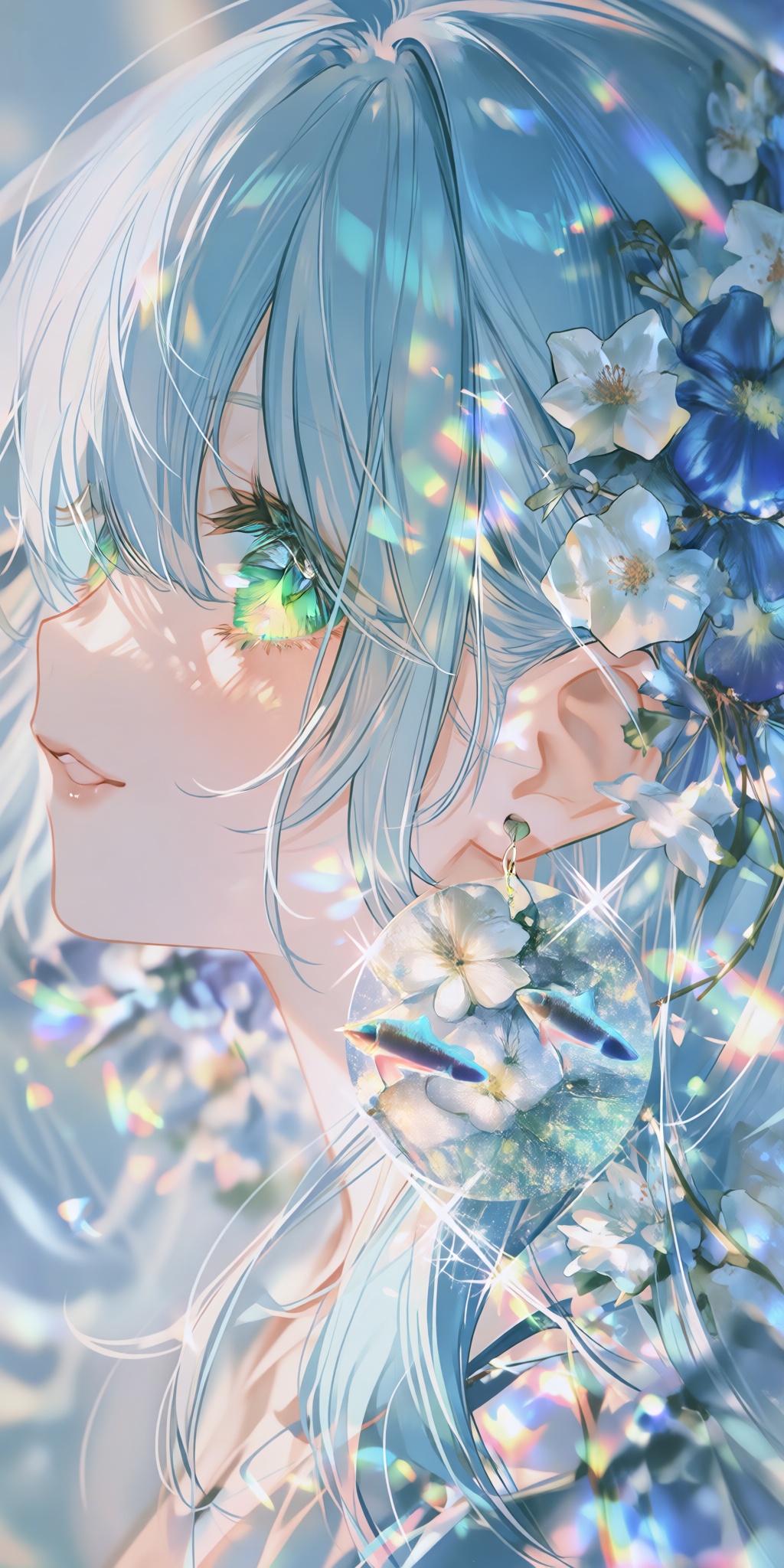 a close-up profile view of a young woman with delicate features and an ethereal presence,  her head slightly tilted upward...
