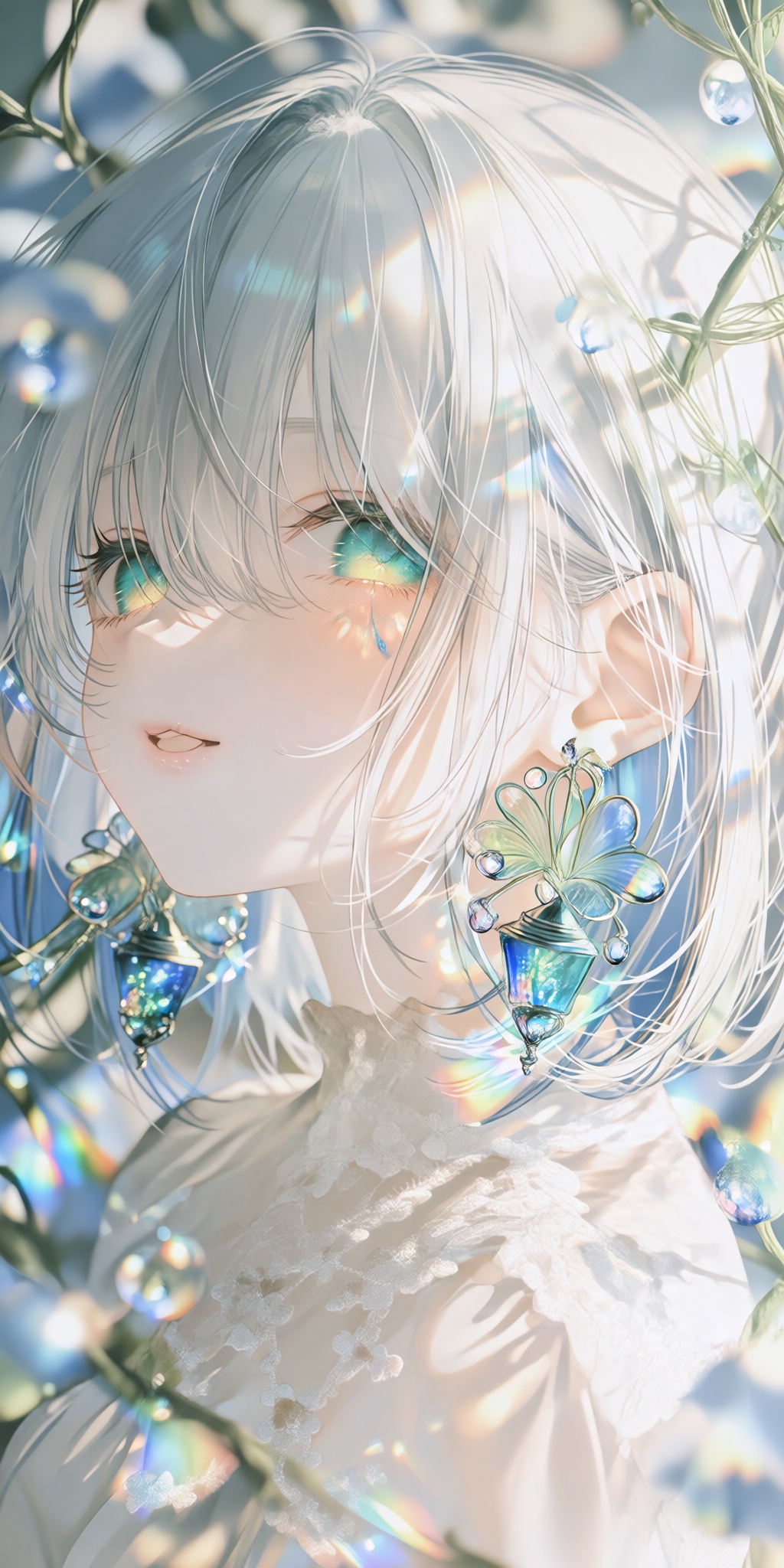 a close-up portrait captures a youthful female figure with delicate,  ethereal features,  her slender face framed by long...