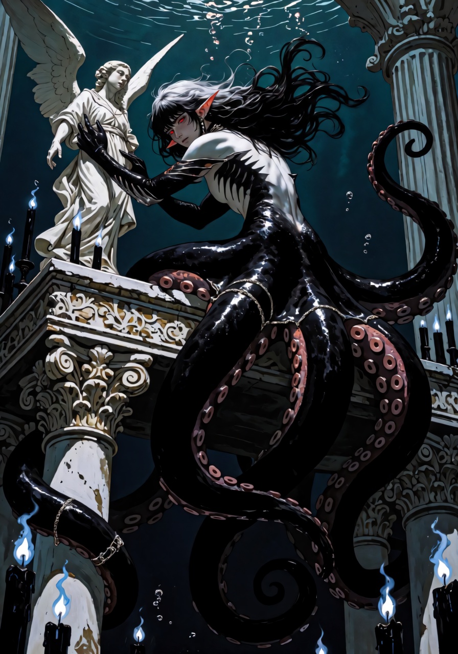 A beautiful ***** male merman with long silver-black hair drifting around his pale face,  narrow crimson eyes,  and black...