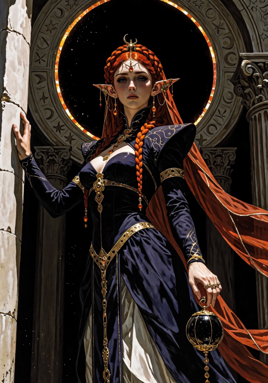 A regal young elf woman stands before a monumental circular window,  her slender figure framed by the silhouette of a blac...