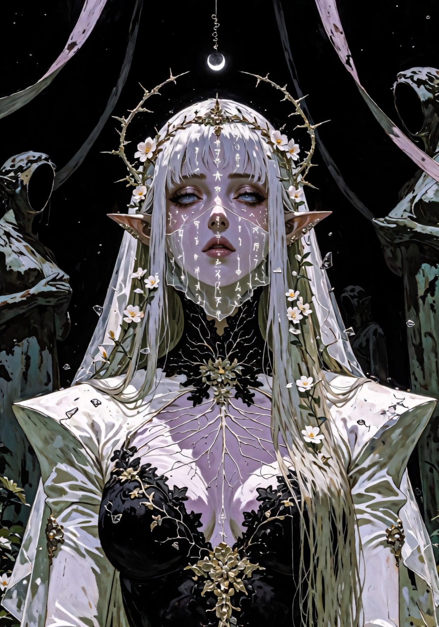A haunting waist-up portrait of an otherworldly elven bride standing inside a vast abandoned sanctuary submerged beneath a...