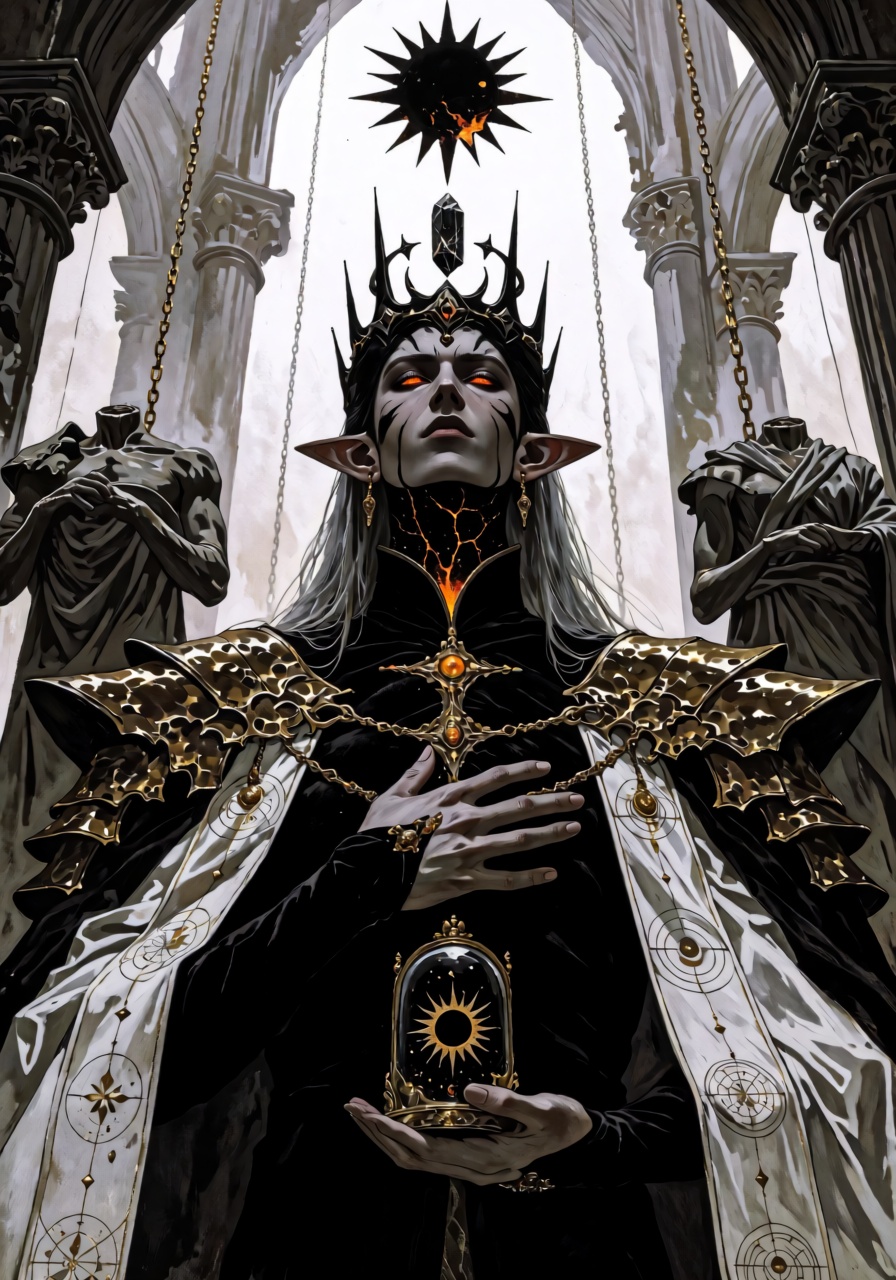 A majestic waist-up portrait of a dark-fantasy elven king standing inside a colossal ruined throne hall where a dead sun h...