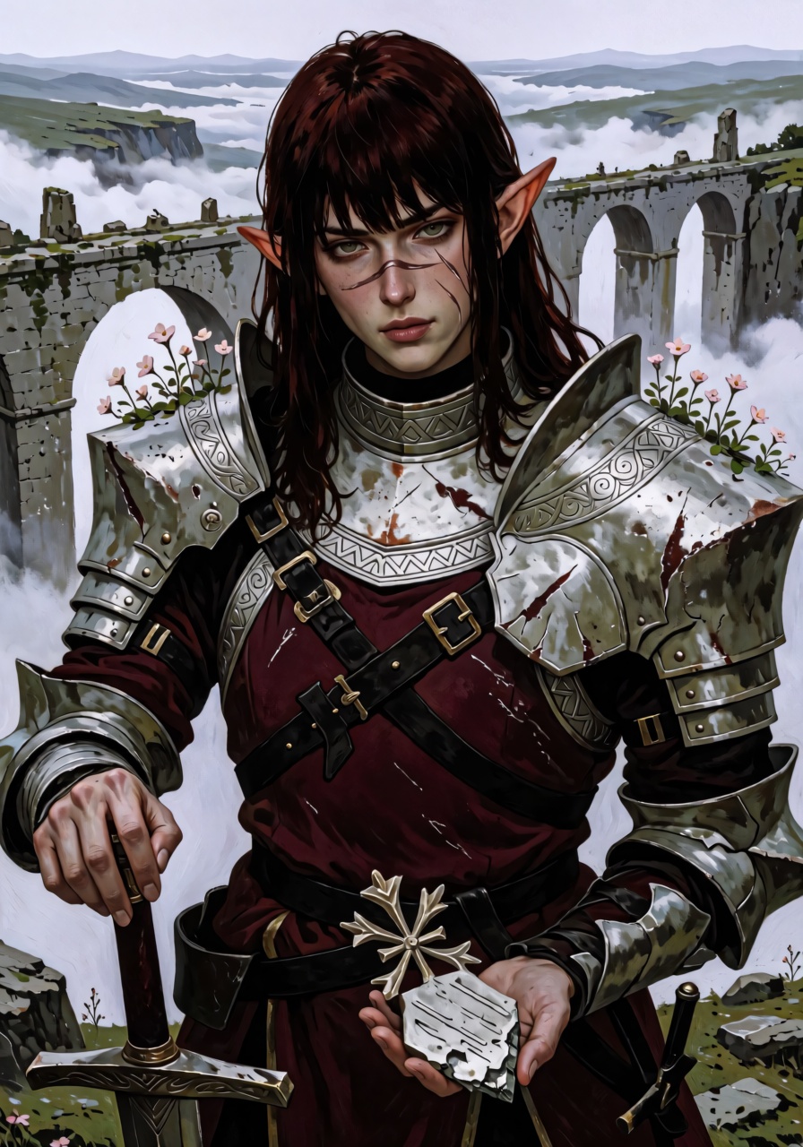 A waist-up portrait of an androgynous elven knight with long dark auburn hair,  sharp hazel eyes,  and a thin scar crossin...