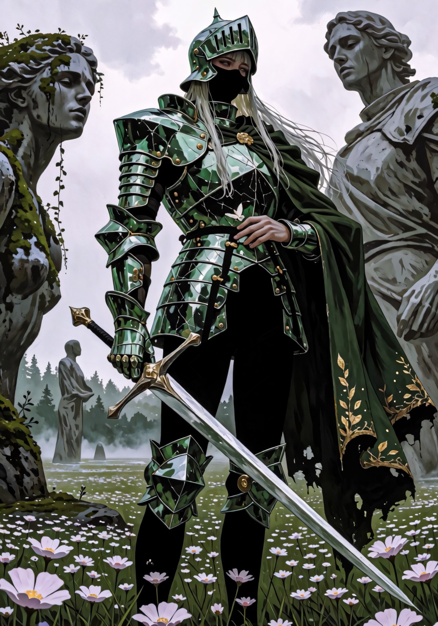 A tall,  slender knight stands knee-deep in a field of pale wildflowers,  wearing an elaborate suit of translucent emerald...