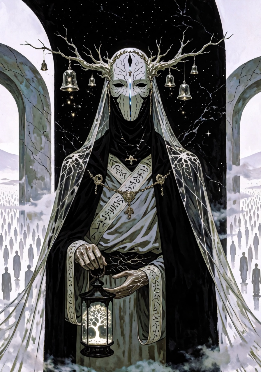 A monumental waist-up portrait of a mysterious masked figure known as the Shepherd of Silent Souls,  standing before an en...