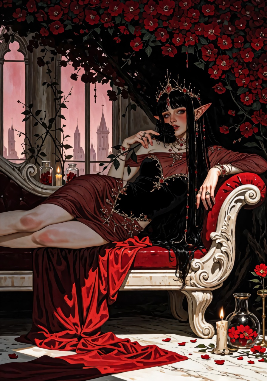 An elegant elven princess reclines upon a sculptural chaise beneath an enormous canopy of dark crimson flowers,  her upper...