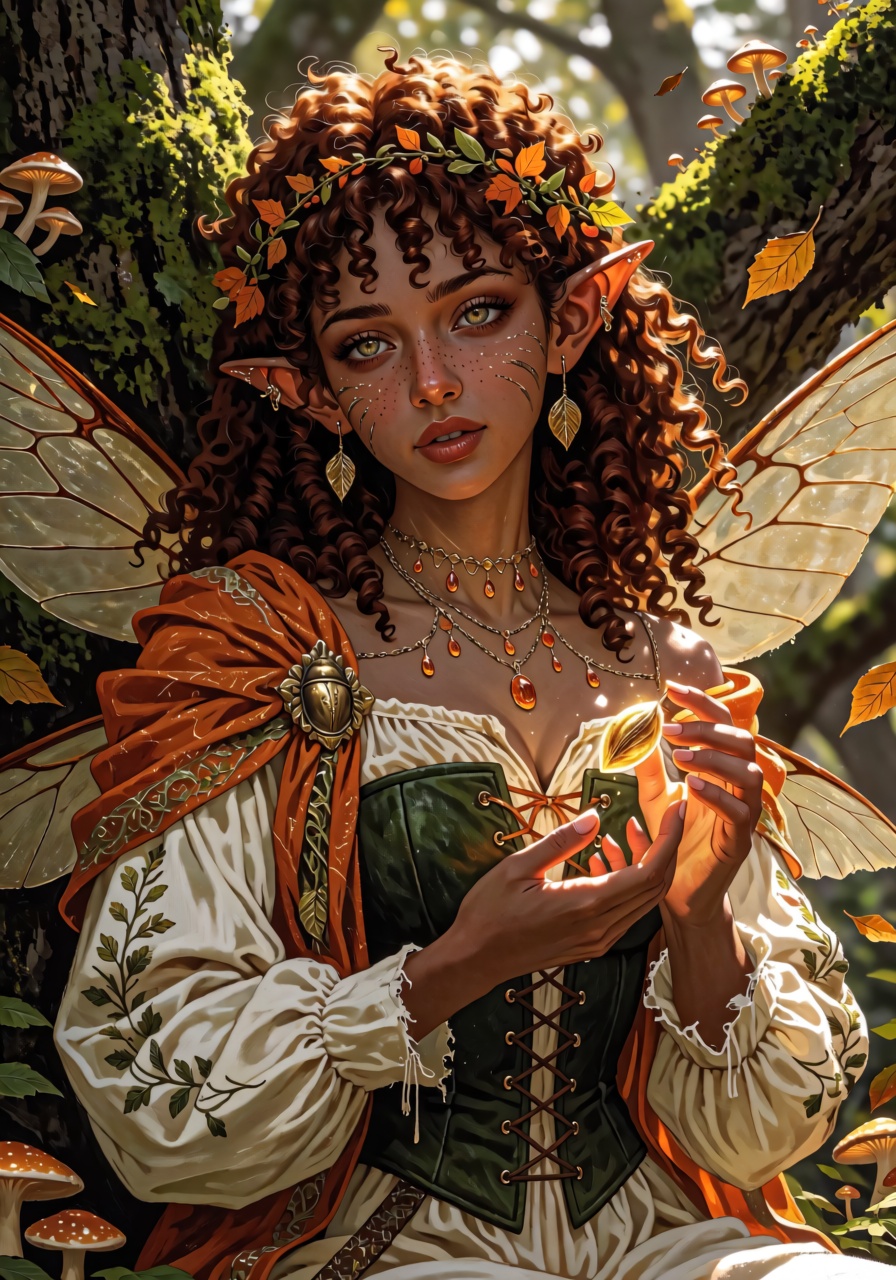 Waist-up portrait of a young fairy with warm brown skin,  voluminous copper curls and bright hazel eyes. Her pointed ears...