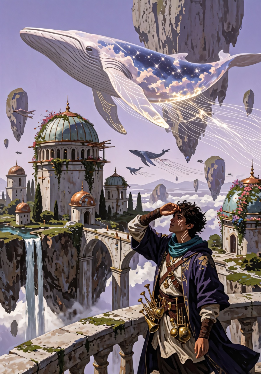 A colossal translucent whale drifts through a lavender sky above an ancient city built upon enormous floating islands,  it...
