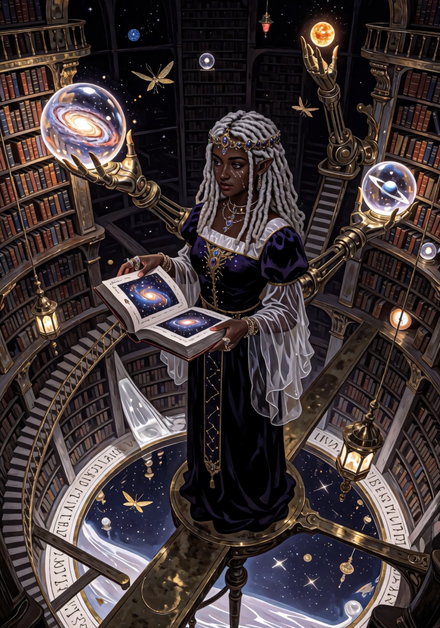 An impossibly vast library occupies the interior of a hollow celestial sphere,  its curved walls covered with thousands of...
