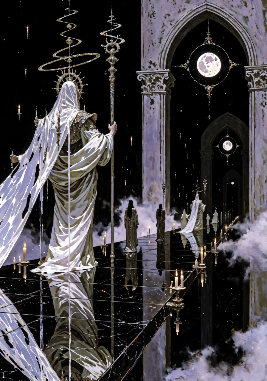 A haunting,  monumental dark-fantasy scene depicting a procession of faceless celestial beings crossing an endless black-m...