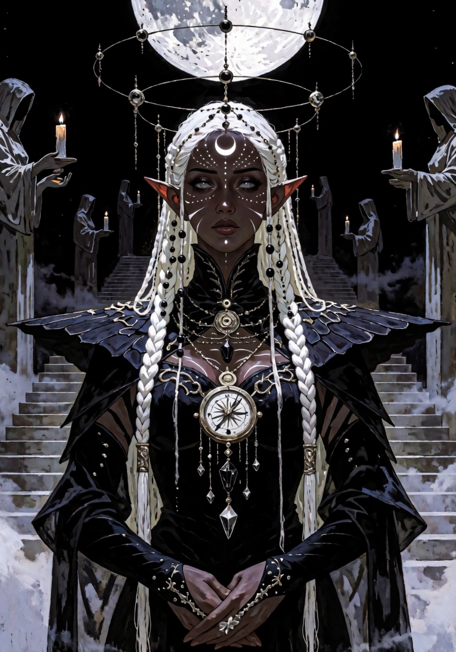 A striking waist-up portrait of a dark elven priestess standing beneath an enormous black moon encircled by a delicate lat...