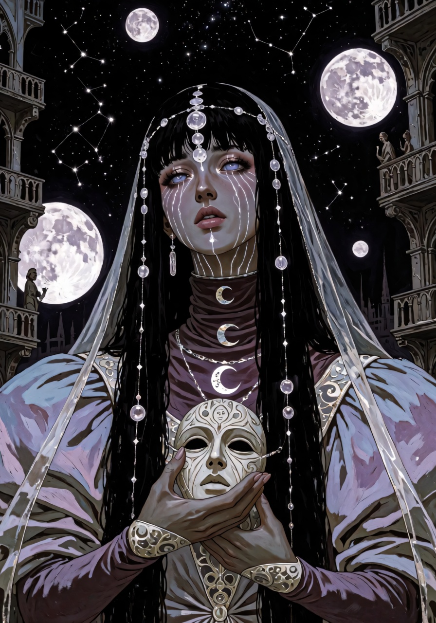 A dreamlike waist-up portrait of an otherworldly oracle standing beneath an impossible sky where constellations shimmer be...