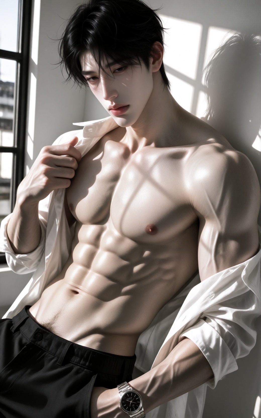 Sensual indoor fashion portrait photography,  moody dramatic window lighting,  soft shadows on Tensor.Art
