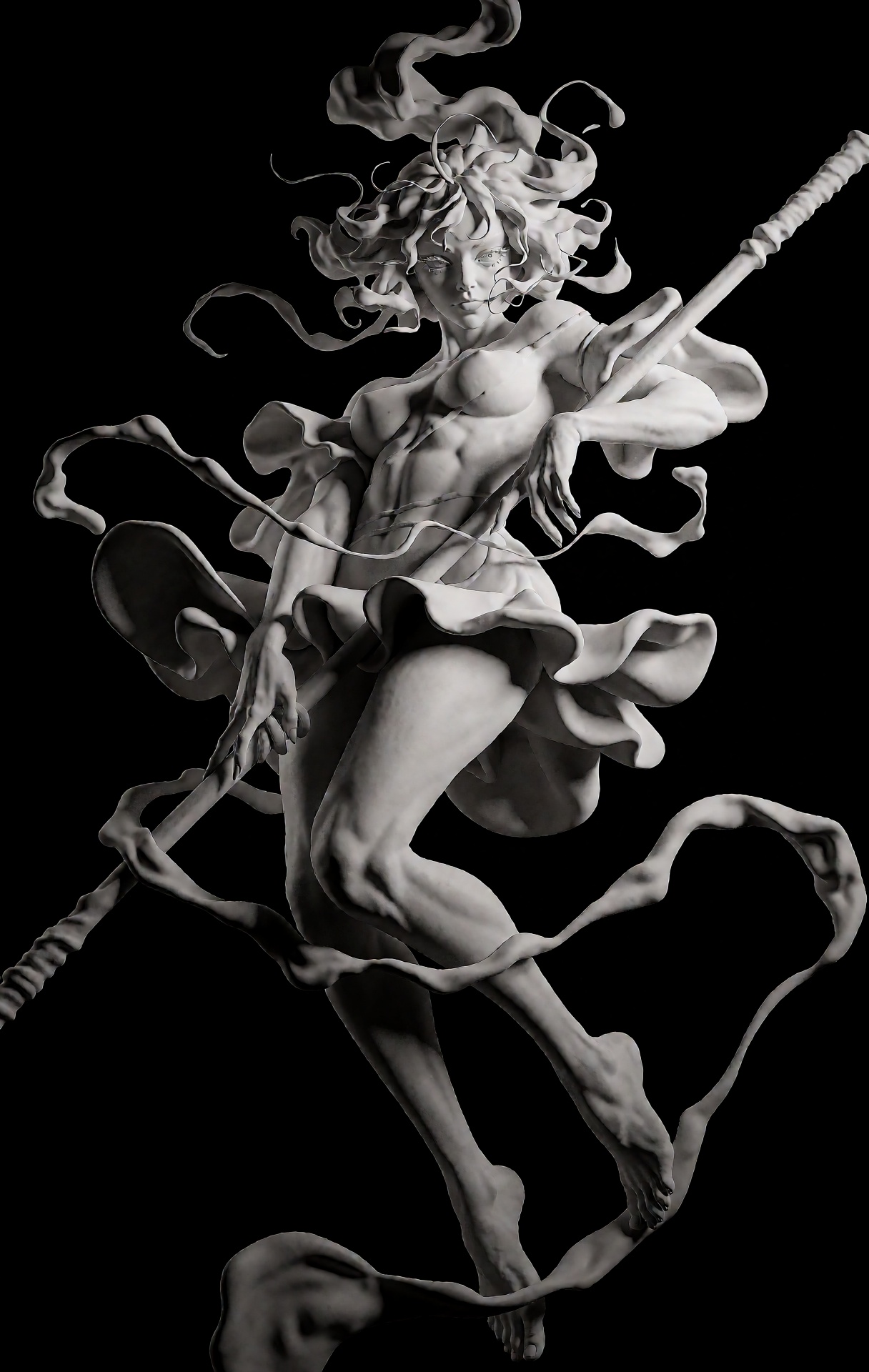 @zbrush,  This image is a striking black-and-white digital artwork featuring a dynamic,  ethereal figure. The central figu...