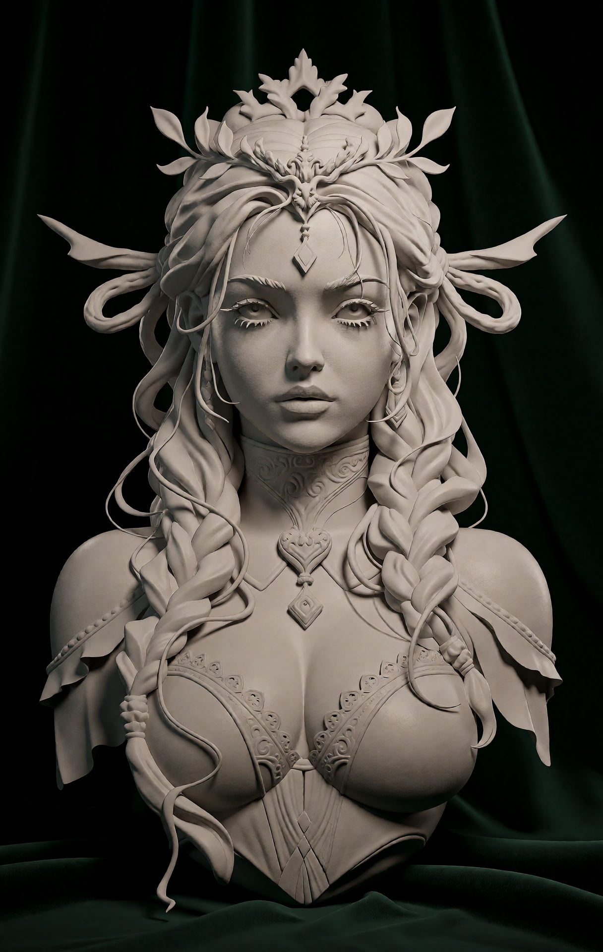 @zbrush,  The image showcases a highly detailed colored 3D model of a female character with an ethereal and elegant design...