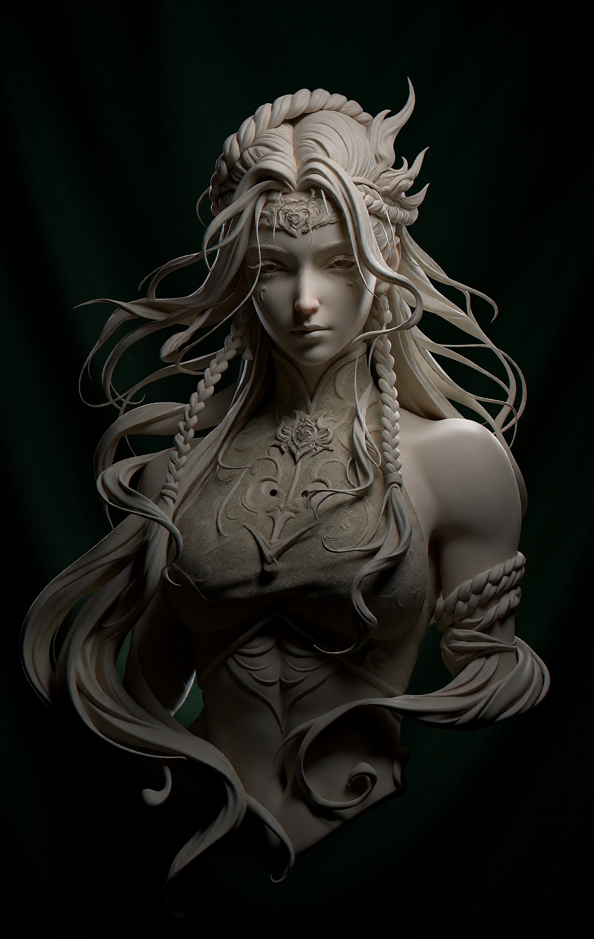 @zbrush,  The image showcases a highly detailed colored 3D model of a female character with an ethereal and elegant design...