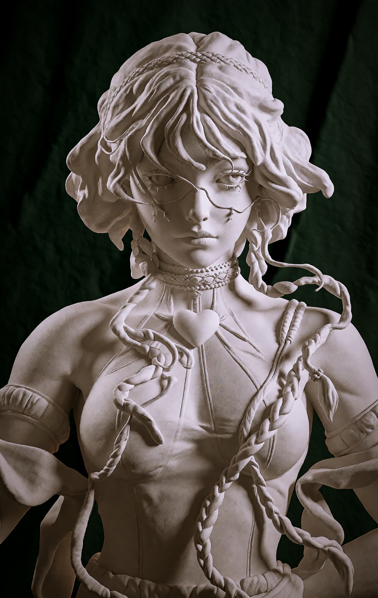 @zbrush,  The image showcases a highly detailed colored 3D model of a female character with an ethereal and elegant design...
