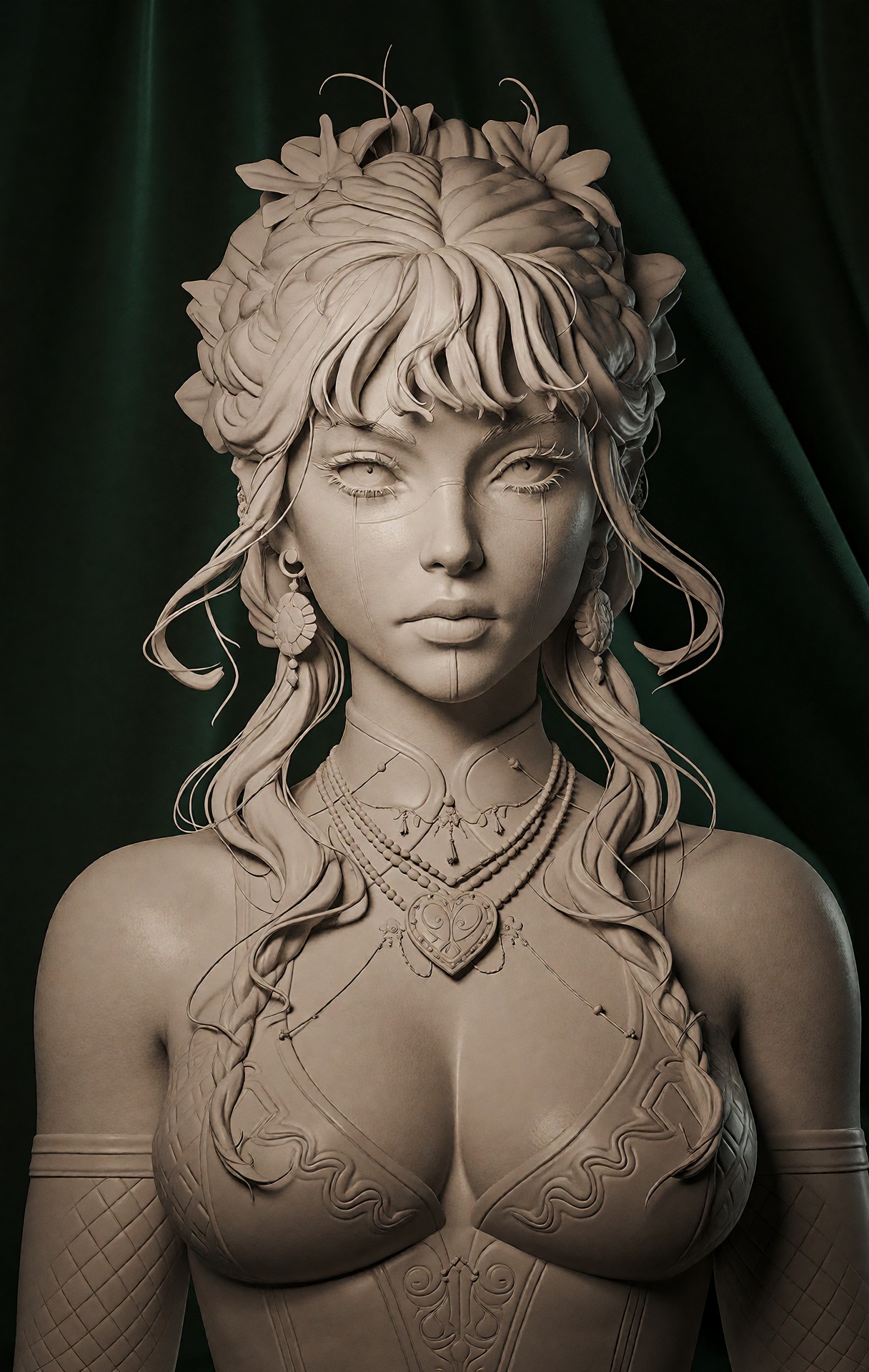 @zbrush,  The image showcases a highly detailed colored 3D model of a female character with an ethereal and elegant design...