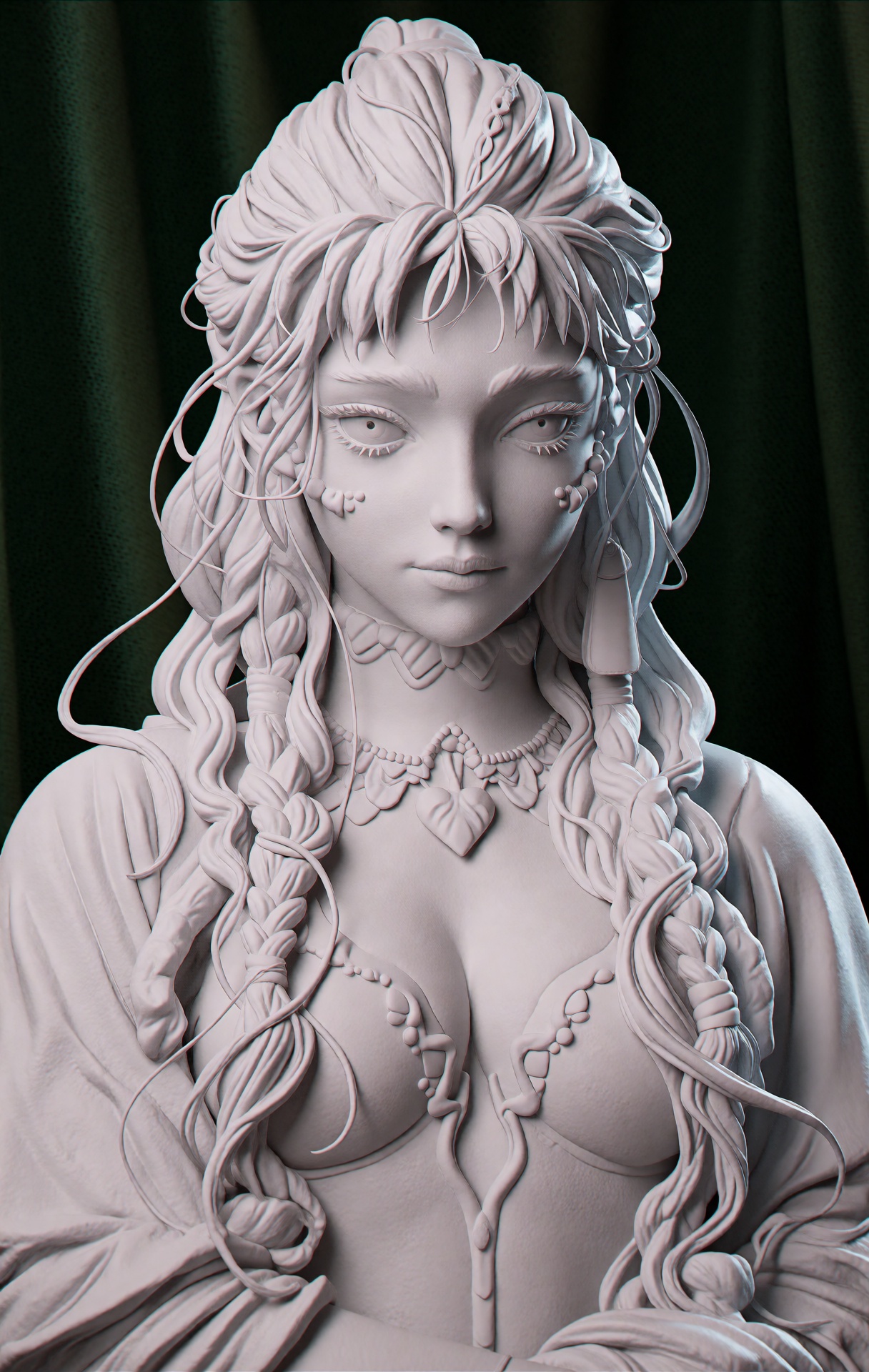 @zbrush,  The image showcases a highly detailed colored 3D model of a female character with an ethereal and elegant design...