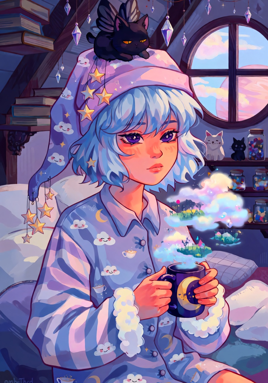 A cozy waist-up portrait of a sleepy young witch with fluffy powder-blue hair,  rosy cheeks,  and enormous sleepy violet e...
